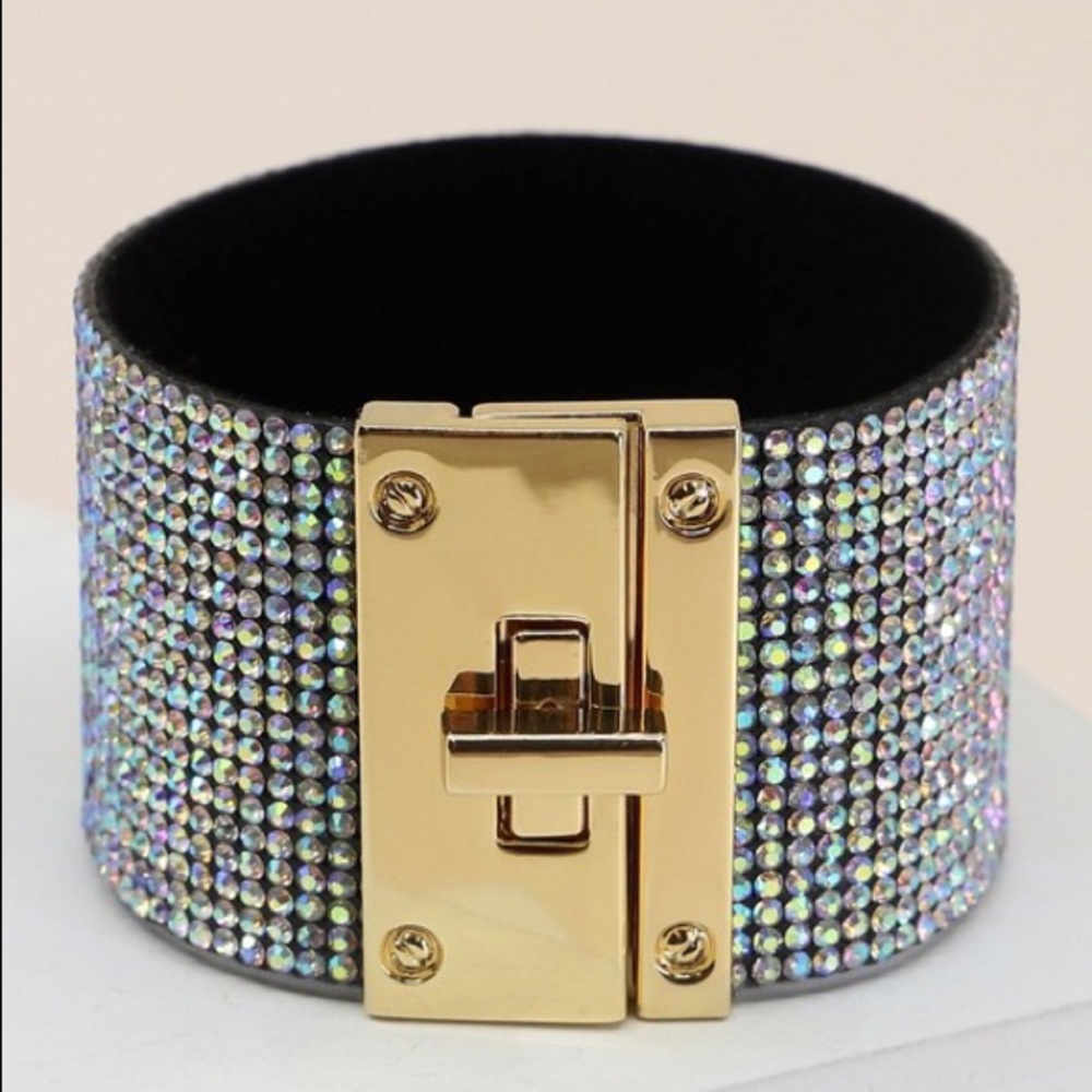 Rhinestone embellished lock closure cuff bracelet